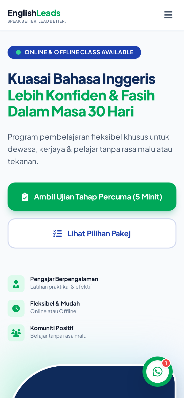 Website ahli LinkBisnes: EnglishLeads dipaparkan pada telefon